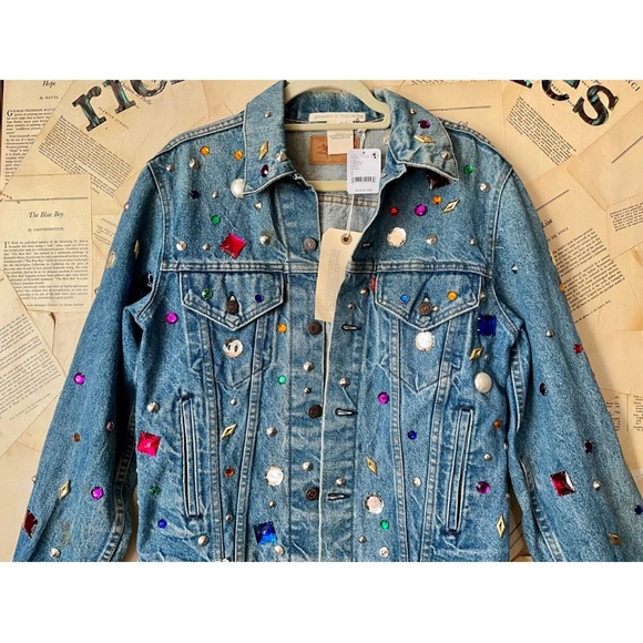 Free People x Tricia Fix Dazzled Denim Jacket Uncycle Reworked Jewels Studded - Picture 7 of 12